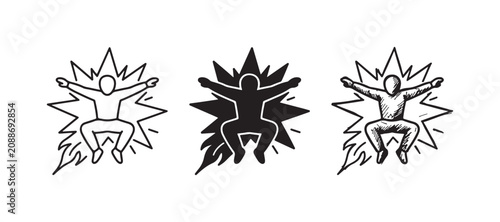 Принти на полотні Person jumping or flying with an explosion burst effect and flames, portrayed in three distinct styles: simple outline, solid black silhouette, and detailed hand-drawn sketch
