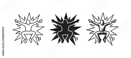 Konstfotografi Person jumping or flying with an explosion burst effect and flames, portrayed in three distinct styles: simple outline, solid black silhouette, and detailed hand-drawn sketch