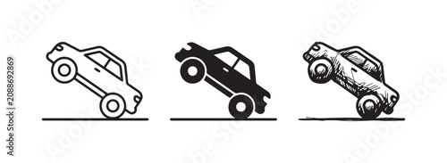 Bild auf Leinwand Car doing a wheelie on its rear wheels, viewed from the side, depicted in three distinct styles: clean outline, solid black silhouette, and detailed hand-drawn sketch
