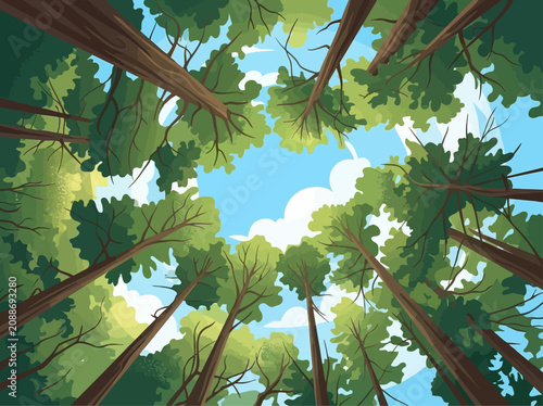 Fotografie Looking up at tall trees with green leaves reaching the blue sky