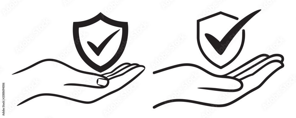 Fototapeta premium Hands holding shield with check mark icon vector, security and protection symbol.