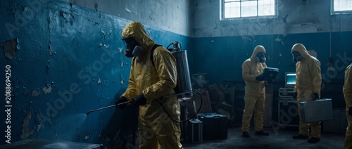 Hazardous material team in protective suits and gas mask working in derelict building with insecticide sprayer.
