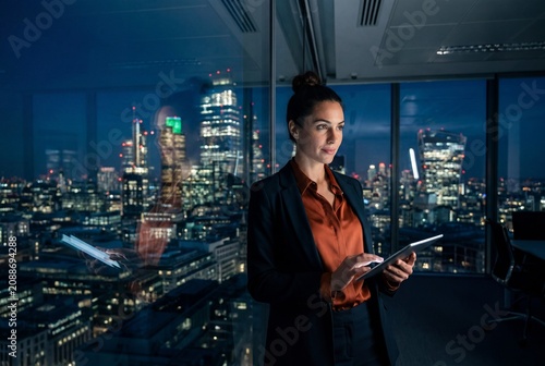 A businesswoman works late in a modern office overlooking a glittering cityscape at night, illuminated by the glow of her tablet.