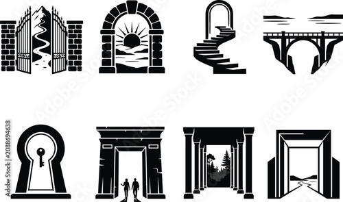 Gateway and Portal Silhouette Collection Featuring Arches Doors Bridges Stairways and Architectural Entrance Vector Icons Set
