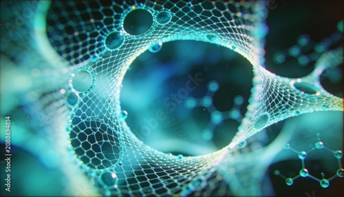 Digital bio tech mesh concept. Elegant science fiction background with floating molecules and glowing hexagonal network.