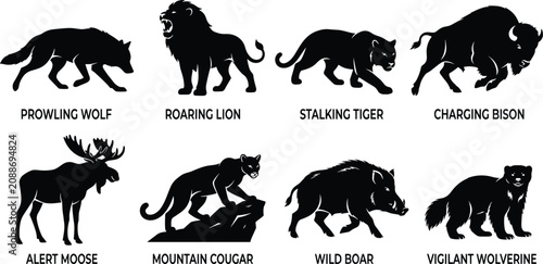 Canvas Print Wild Animal Silhouette Collection Featuring Wolf Lion Tiger Bison Moose Cougar B