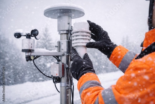 Technician Installing Weather Monitoring Sensor in Snow. Worker in orange jacket adjusting weather station sensor during snowfall for climate data collection.