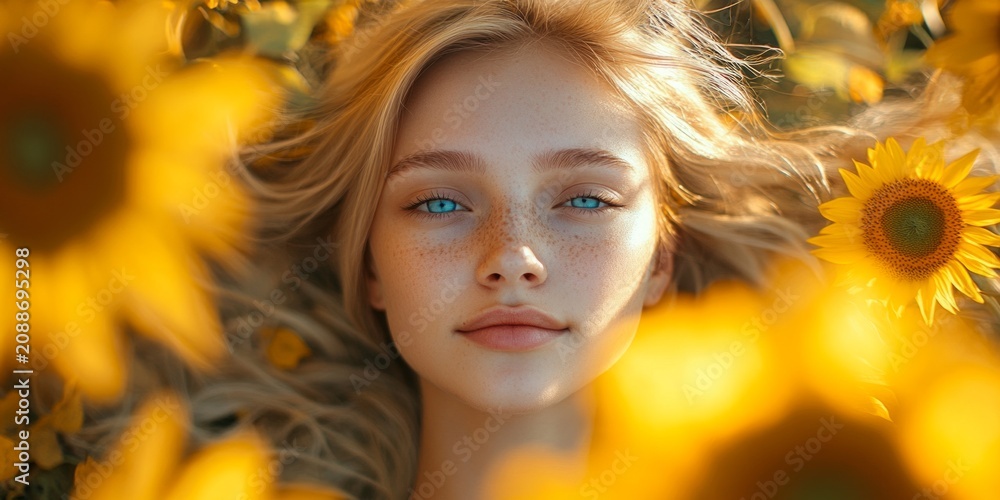 Fototapeta premium Summer Serenity. Young woman with blonde hair and blue eyes, portrait lying in a field of sunflowers, celebrating nature and seasonal lifestyle.