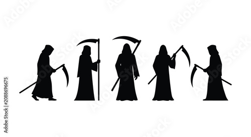 Schilderij op canvas Five depictions of a hooded figure with a scythe in a black silhouette grim reap