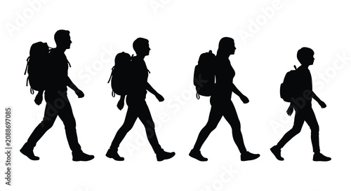 Tableau sur toile Four hikers with backpacks walking forward black silhouette against a white back