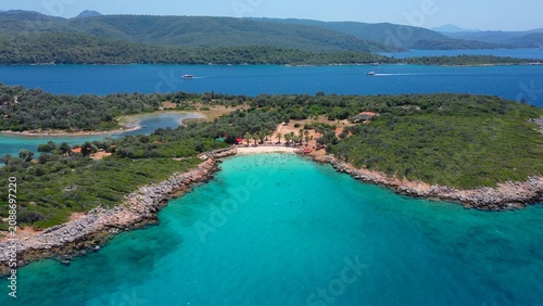 Sedir Adası famous with Cleopatra Beach's white, fine and soft sand, surrounded by azure and turquoise blue waters. Aerial View. Mediterranean Sea, Sedir Island, Gulf of Gökova, Muğla, Turkey