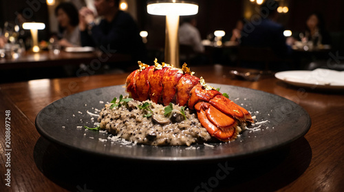 Creamy truffle mushroom risotto elegantly topped with a butter-poached red lobster tail and edible gold leaf, served on a dark luxury dining plate. Premium dining experience.