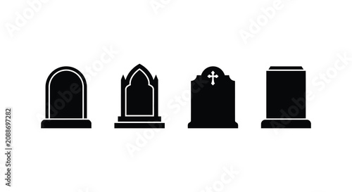 Billede på lærred Four tombstone silhouettes with varying architectural designs on a white backgro