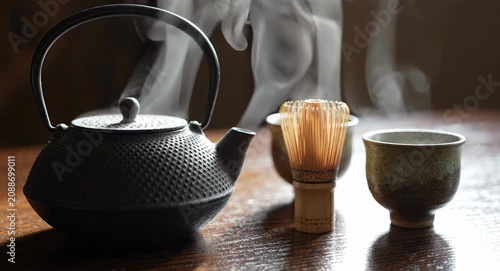 Peaceful tea arrangement with drifting steam expresses refined Japanese hospitality through timeless minimalist craftsmanship indoors