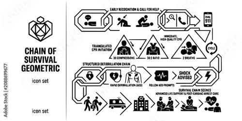 Billede på lærred CPR Chain Of Survival Geometric Black White-Recognition Link Initiate Defib-Surv