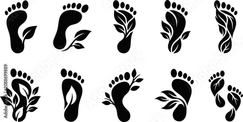 Eco footprint silhouettes collection, human foot with leaf motifs, sustainability illustration, environmental awareness design, nature conservation vector artwork