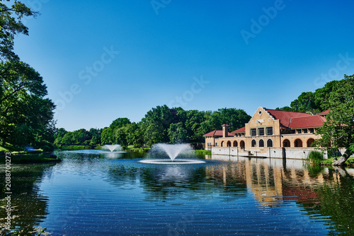 Spanish Revival style brick building is the Washington Park Lake House (built in 1929),  in Albany, New York