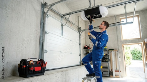 Expert contractor man repairing a white sectional garage door in a residential garage.