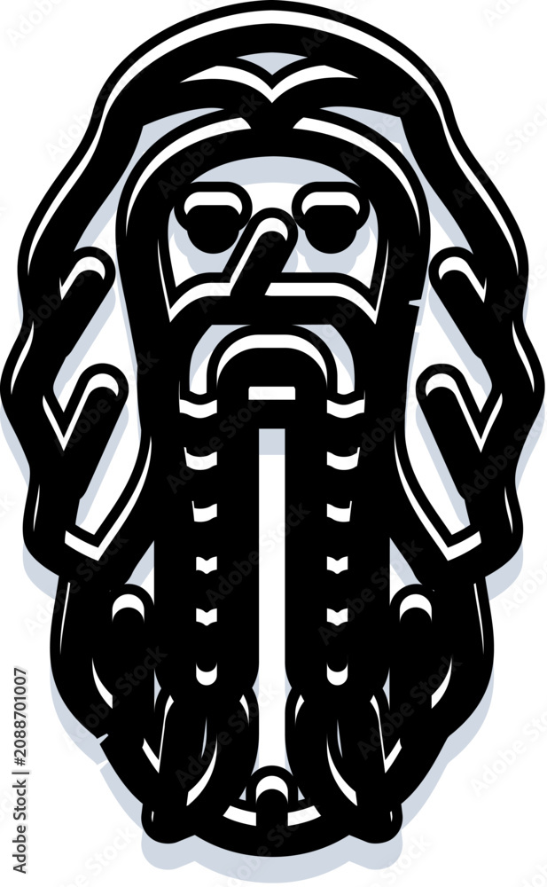 Obraz premium Bearded man character with long hair wearing glasses illustration, depicting a mythological figure, shaman, or wizard from an epic fantasy world with a mysterious aura