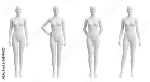 Four female dummy mannequins standing isolated on transparent background