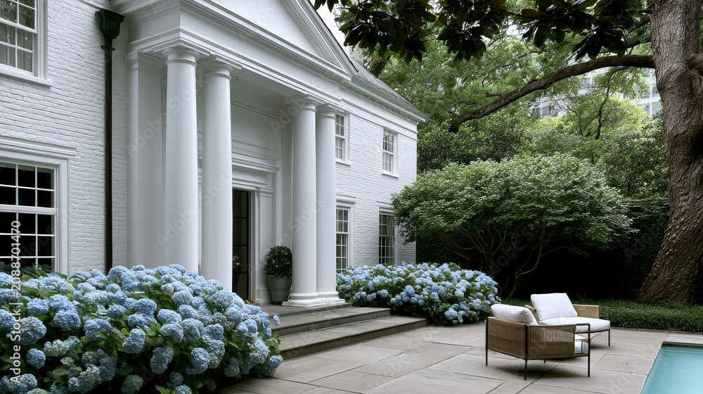 Obraz premium Classic white house with columns blue hydrangea green garden outdoor chair summer peaceful luxury residential patio tree shade