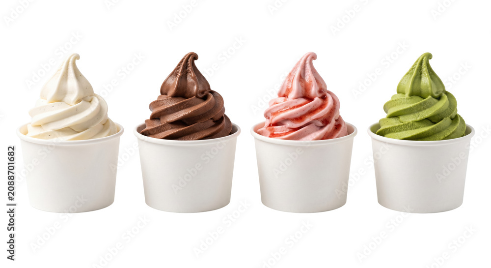Fototapeta premium Four cups of soft serve ice cream flavors isolated on transparent background