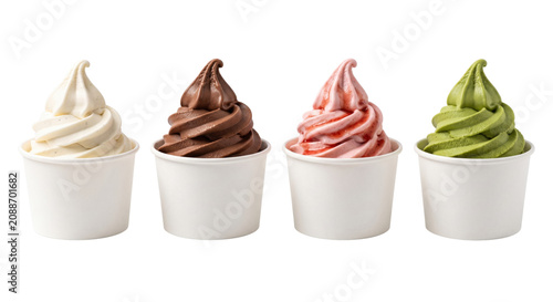 Fotografía Four cups of soft serve ice cream flavors isolated on transparent background