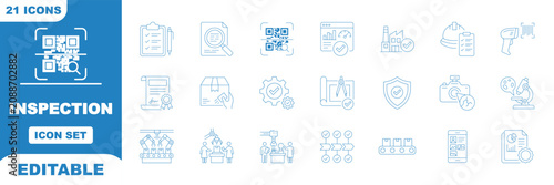 Audit Icon Set. Containing Compliance, Accounting, Review, Report, Rating, Inspect and more. Editable vector Line icons collection. Inspection Web Icon Set. quality control, including checks product