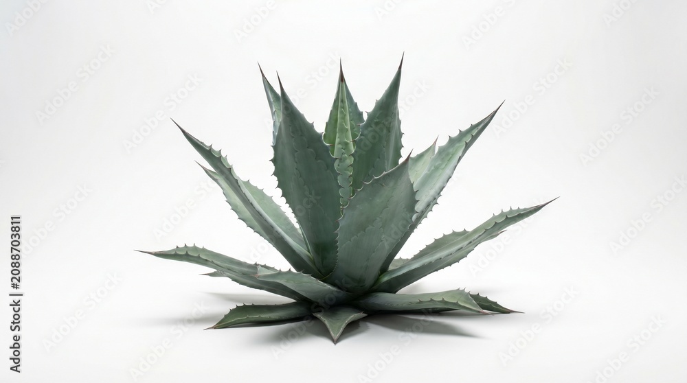 Fototapeta premium Aloe plant, green succulent with spiky leaves on white background