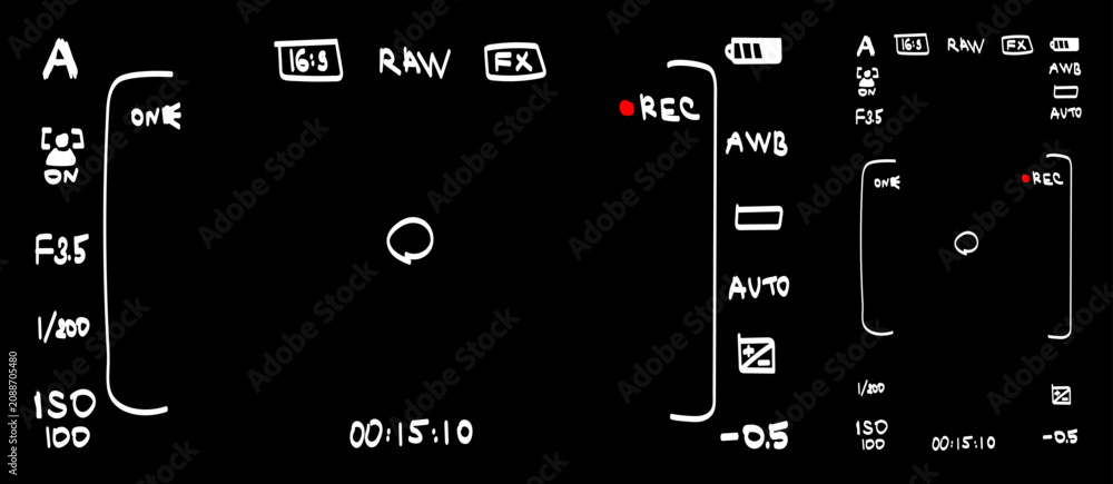 Obraz premium Mobile phone and DSLR camera rec overlay pack in hand drawn doodle style isolated on black bg. Recorder cam display. Video or photo recording screen. Viewfinder Layout template. Vector illustration