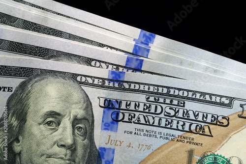 Canvas Print Close-up of fresh hundred-dollar bills, symbolizing wealth and savings