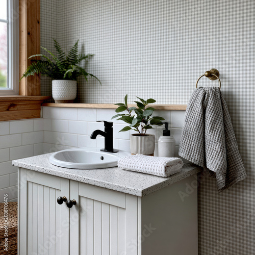 Bathroom farmhouse sink countertop plant towel soap window white modern cozy farmhouse bathroom with white countertop black faucet potted plant