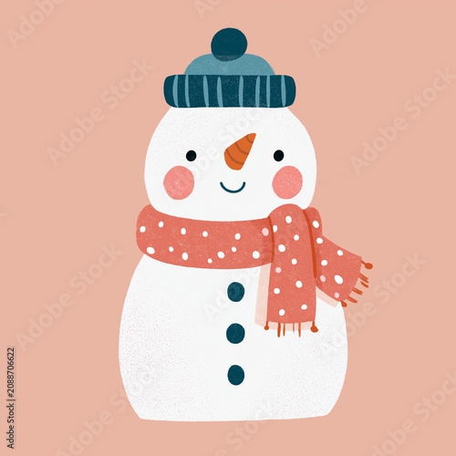 Cute snowman wearing blue winter hat and polka dot scarf. Cheerful Christmas character illustration for holiday card design. Festive winter season greeting concept for kids nursery decor.