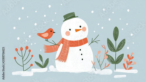 Cute snowman with scarf and hat and small bird in winter forest. Christmas illustration with falling snow and plants. Holiday greeting card design in children book art style.