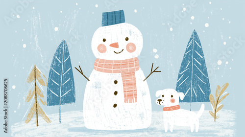 Cute snowman with scarf and hat standing with a small dog in snowy forest. Christmas greeting card illustration with winter theme. Hand drawn cartoon character for holiday design.