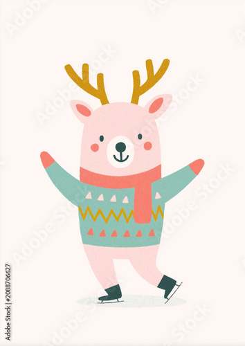 Cute pink deer wearing knitted sweater and scarf ice skating. Adorable animal character for children greeting card. Winter Christmas illustration for holiday season decoration design.