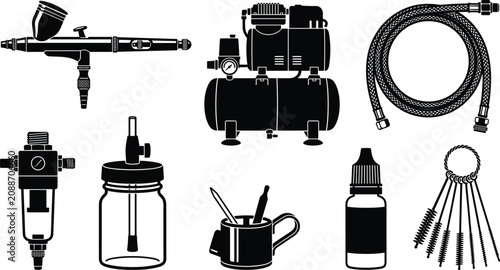 Bild auf Leinwand Airbrush Painting Equipment Kit Icon Set with Compressor Hose Filter Glass Jar D