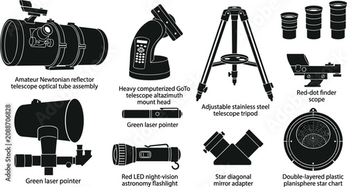 Tableau sur toile Amateur Astronomy Telescope Equipment Icon Set with Newtonian Reflector GoTo Mou