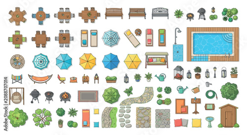 Outdoor Furniture And Garden Elements Top down Vector Illustration