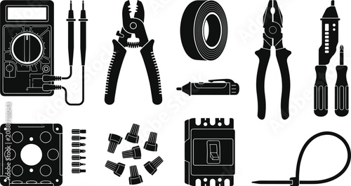 Tableau sur toile Electrician Hand Tools and Electrical Wiring Equipment Icon Set with Multimeter