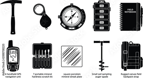 Foto Geology Fieldwork Equipment and Soil Sampling Tools Silhouette Icon Set for Scie