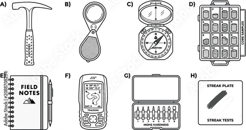 Foto Geology Fieldwork Equipment and Soil Sampling Tools Line Icon Set for Science Ex