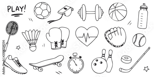 Collection of hand-drawn sports equipment and icons in a playful doodle style with 'PLAY!' text