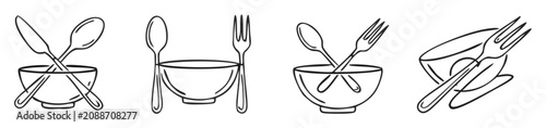 Collection of minimalist line art bowls with crossed cutlery for dining and food concepts