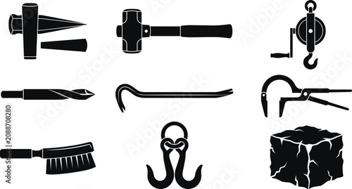 Photos Heavy Duty Stonemasonry and Quarry Mining Hand Tools Silhouette Icon Set for Con