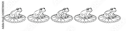 Five frogs sitting on lily pads in a row with a white background