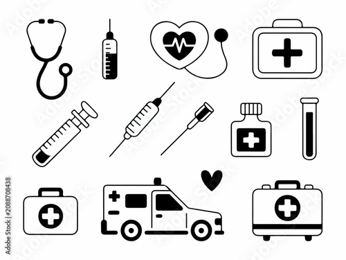 Set of minimalist medical and healthcare icons featuring essential first aid and hospital symbols for web and mobile applications