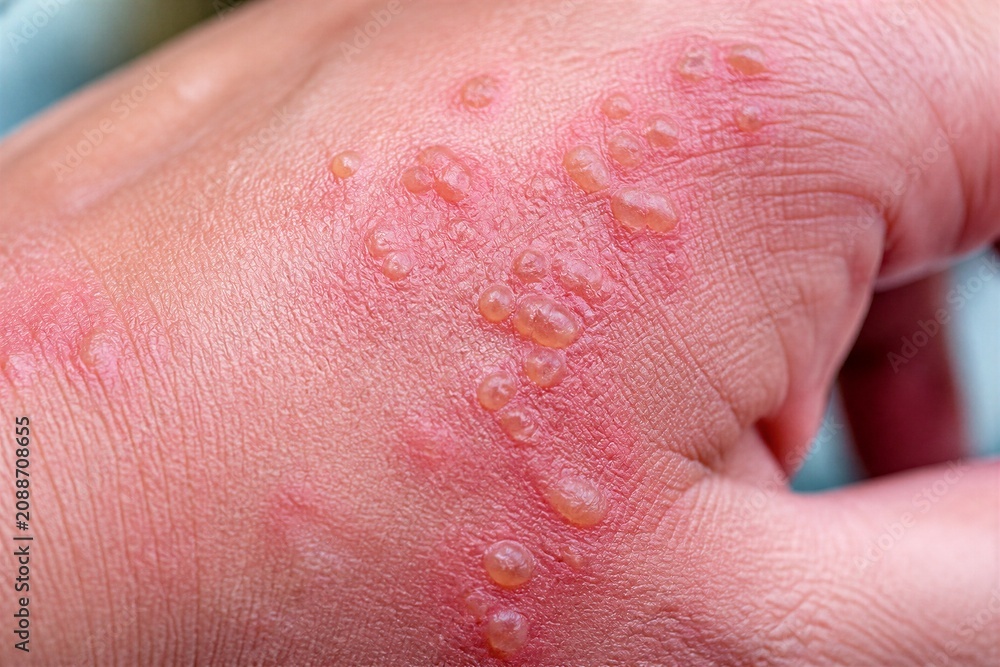 Fototapeta premium A hand is shown with red bumps and blisters on the skin. It appears to be a reaction that might cause discomfort. The skin is swollen and shows signs of irritation.