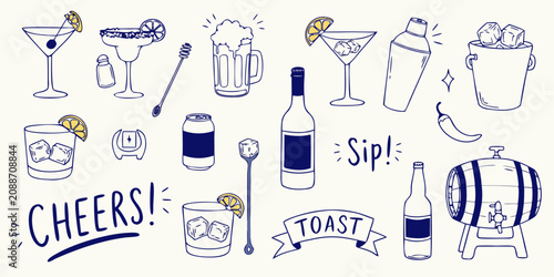 Quadro su tela Hand drawn beverage icons with text elements for celebration and enjoyment