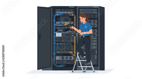 Female network engineer or IT technician maintenance network cables and hardware inside a data center server rack cabinet, flat vector illustration